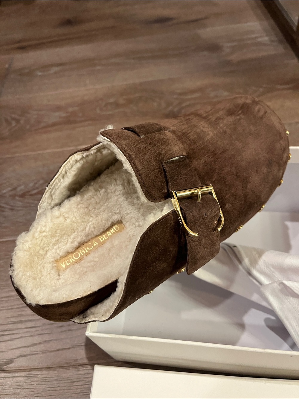 Veronica Beard Dark Brown Suede Shearling Clog Mules with Gold Studs
New in Box - Picture 3 of 5